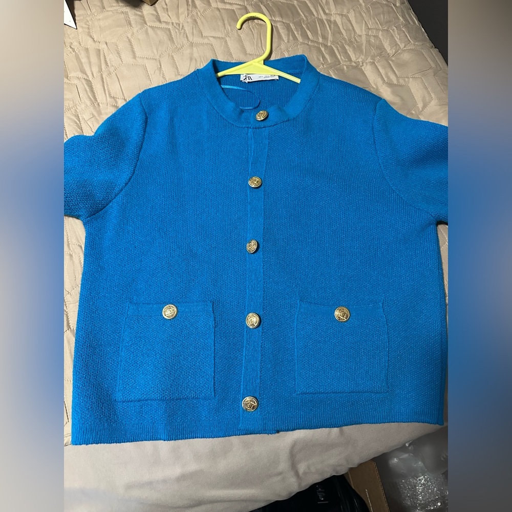ZARA WOMAN PLAIN KNIT CARDIGAN GOLD BUTTONS BLUE Large